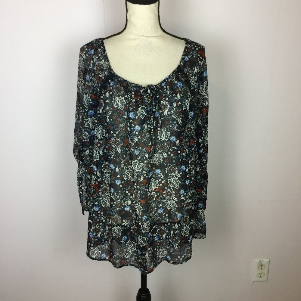 CB Established 1962 Blouse Tunic Top 1X Womans Plus Navy Blue Floral 3/4 Sleeve